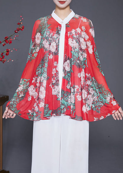 Art Red Oversized Print Chiffon Shirt Batwing Sleeve