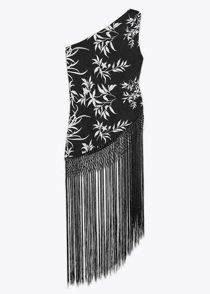 Stylish Black Asymmetrical Tasseled Cotton Tops Sleeveless