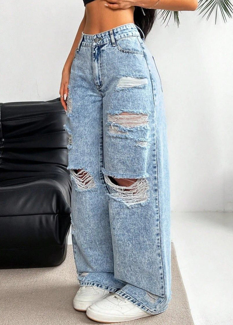 Blue Pockets Patchwork Ripped Wide Leg Jeans