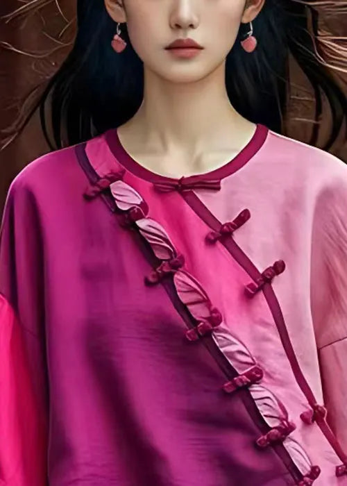 Pink Asymmetrical Button Cotton Shirt Batwing Sleeve