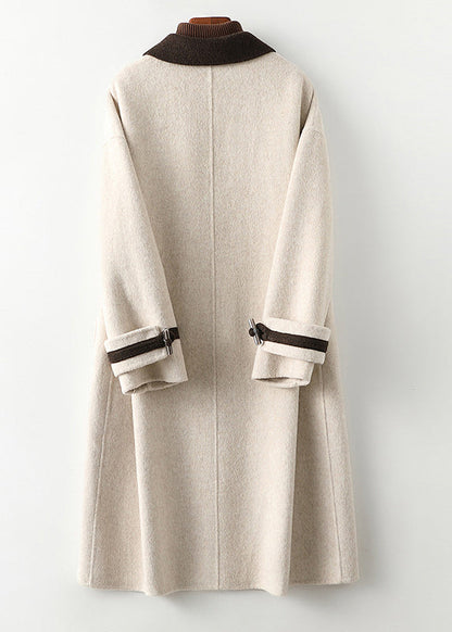 Beige Square Collar Button Woolen Long Coats Fall
