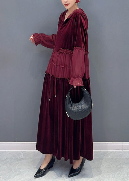 Wine Red Ruffled Lace Up Patchwork Velour Long Dresses Fall