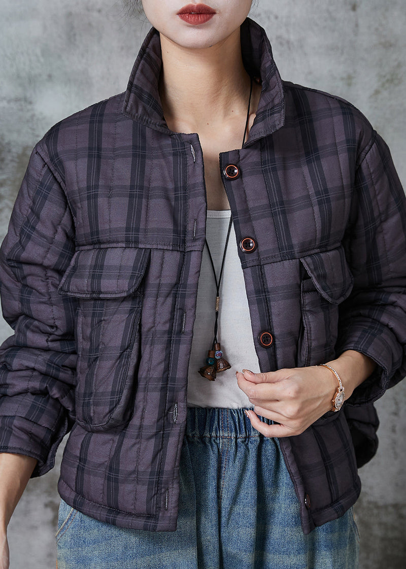 Handmade Purple Plaid Pockets Fine Cotton Filled Witner Coats