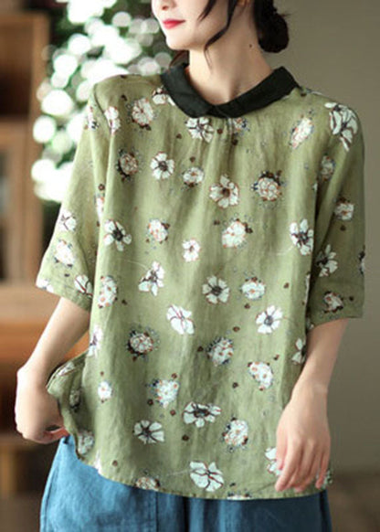 Blackish Green Colorblock Patchwork Linen Shirt Top Short Sleeve