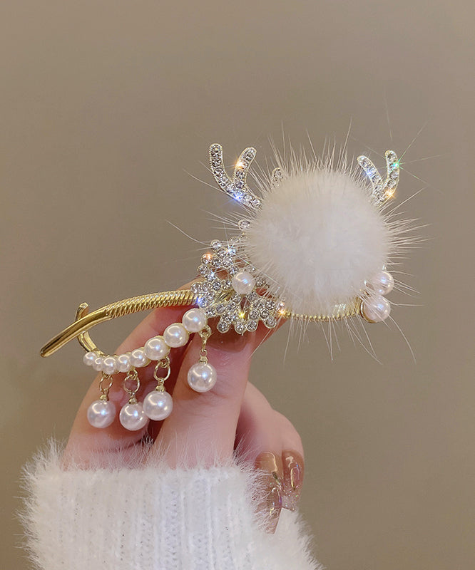 White Alloy Pearl Zircon Antler Snowflake Hairpin