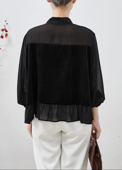 Black Tasseled Patchwork Chiffon Shirts Spring