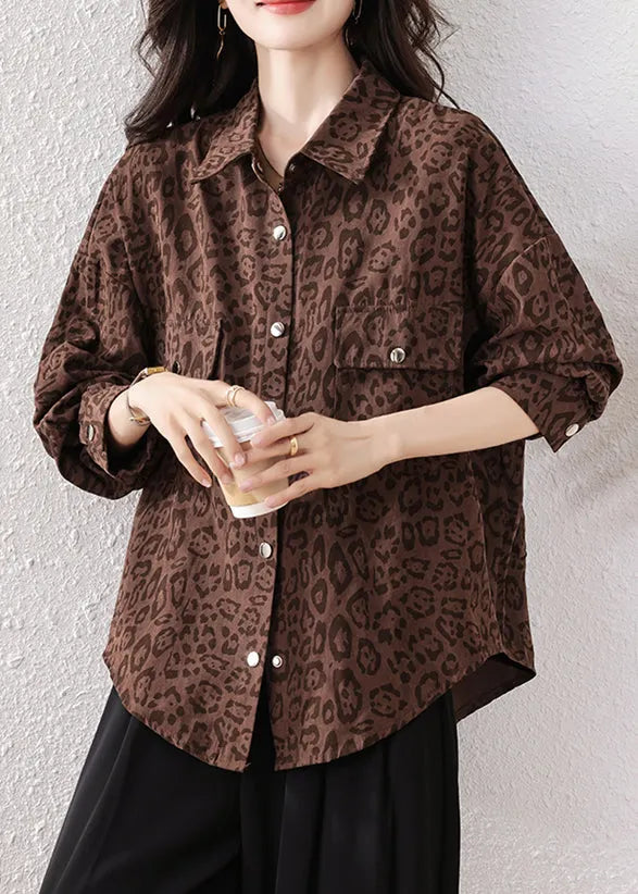Coffee Leopard Pockets Cotton Shirts Fall