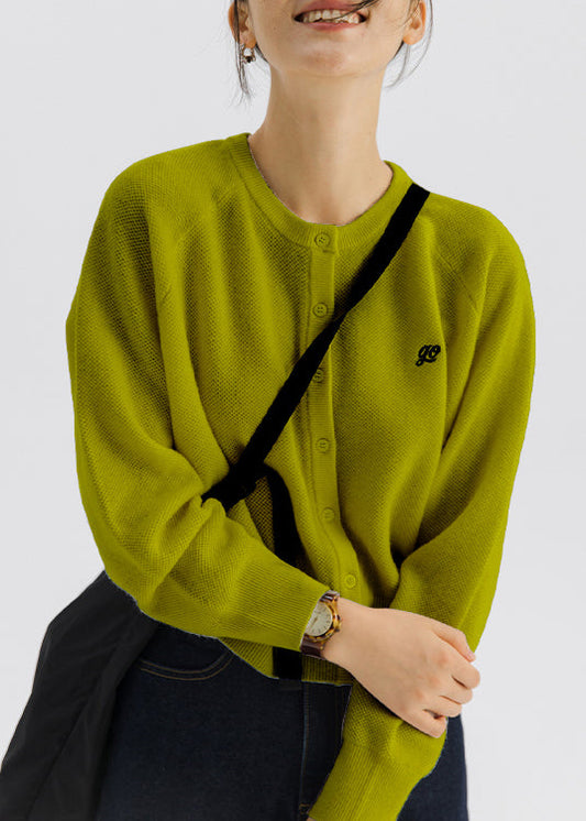 Green O-neck Cozy Woolen Knit Cardigan Long Sleeve