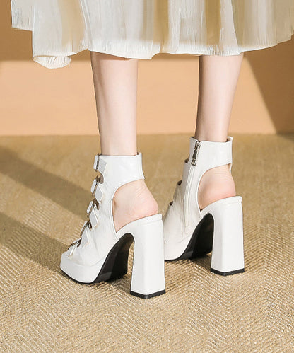 Splicing Chunky High Heels Sandals Hollow Out Silver Faux Leather