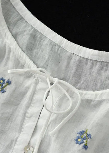 Simple White Embroideried O-neck Summer Ramie Tops Half Sleeve