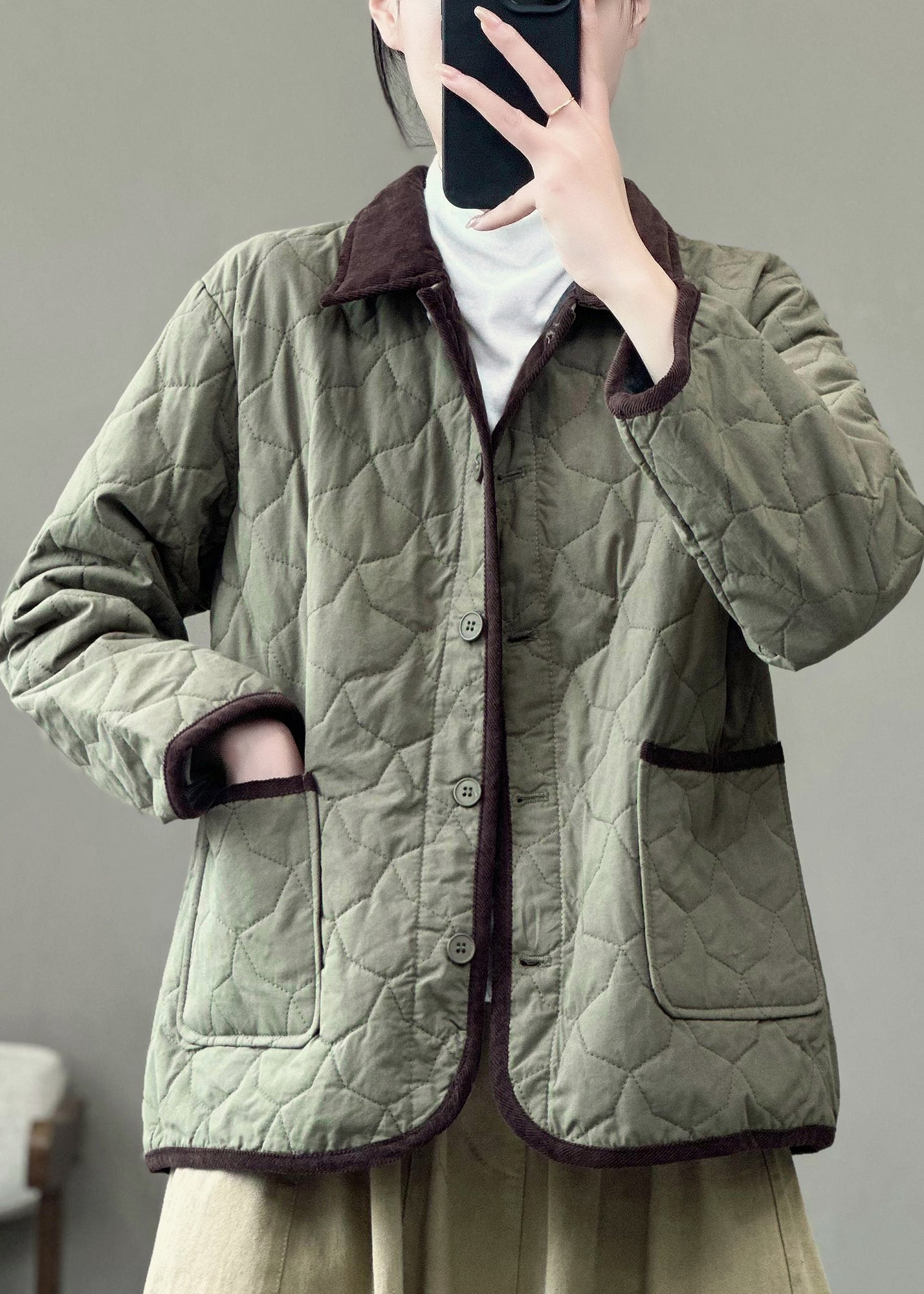 Army Green Peter Pan Collar Pockets Fine Cotton Filled Jackets Winter