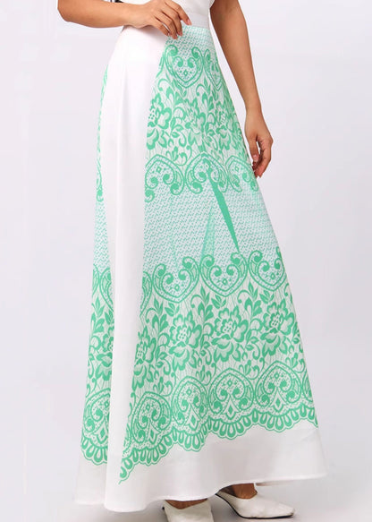New Green Print High Waist Silk Maxi Skirts Summer