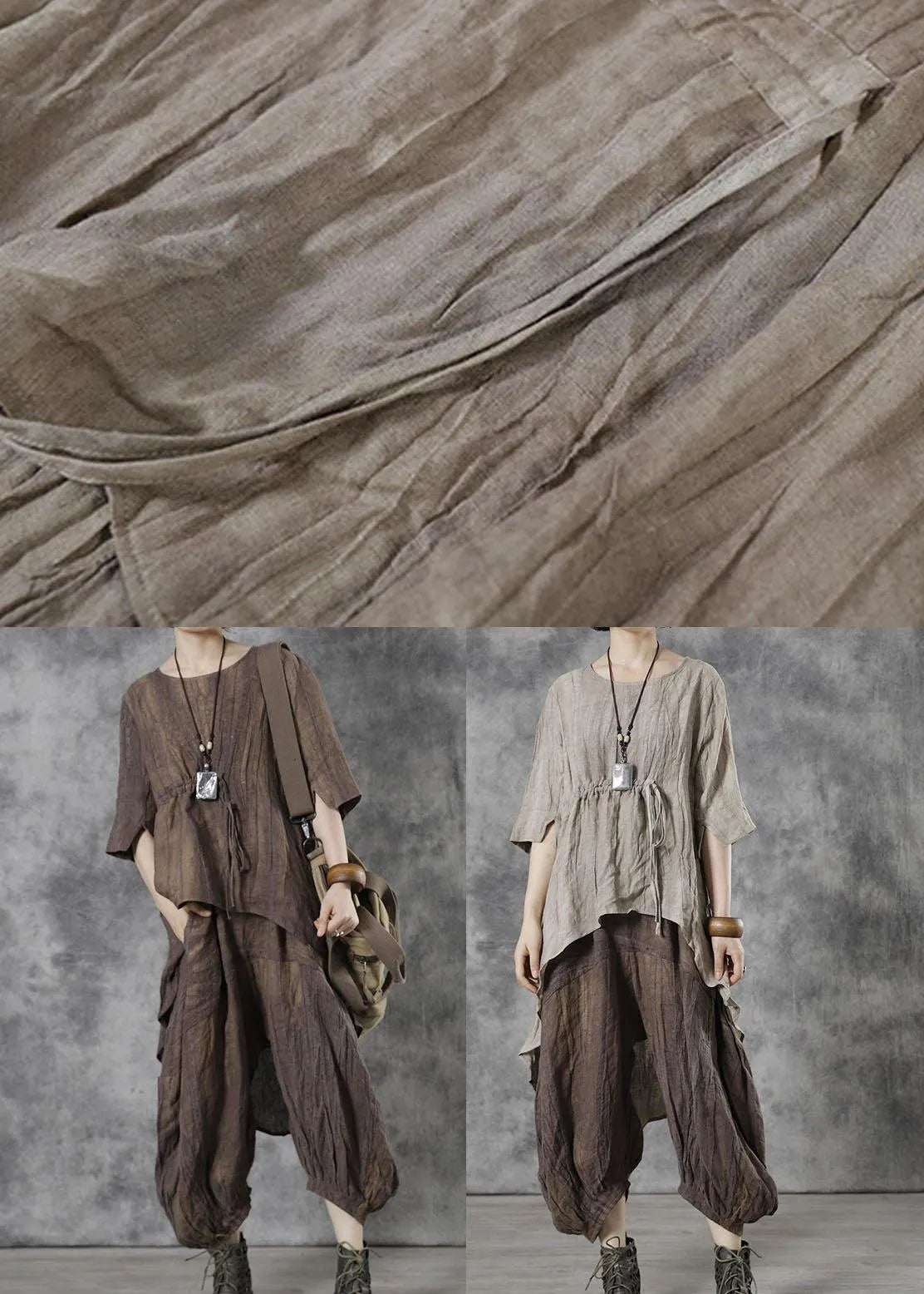 Khaki O-neck Asymmetrical Design Fall Half Sleeve Tops
