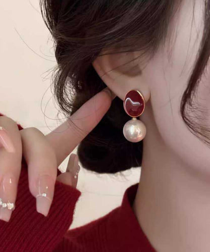 New Red Copper Overgild Pearl Drop Earrings