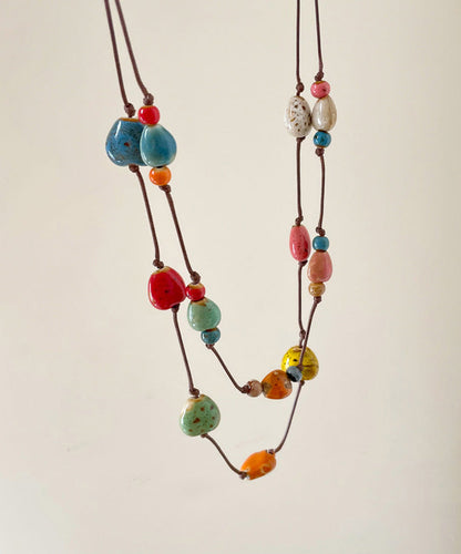 Rainbow Wax Rope Ceramic Double-layer Pendant Necklace