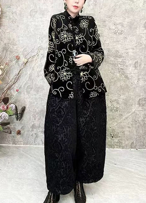 Chinese Style Black O Neck Velour Short Coat Spring