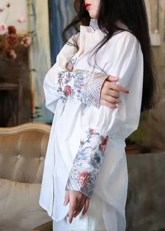 Handmade White Stand Collar Embroidered Cotton Shirts Top Spring