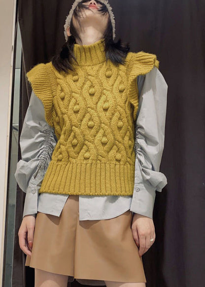 Italian Yellow Ruffles Turtle Neck Cable Knit Vest Grey Wrinkled Shirt Top Two Piece Outfit Spring