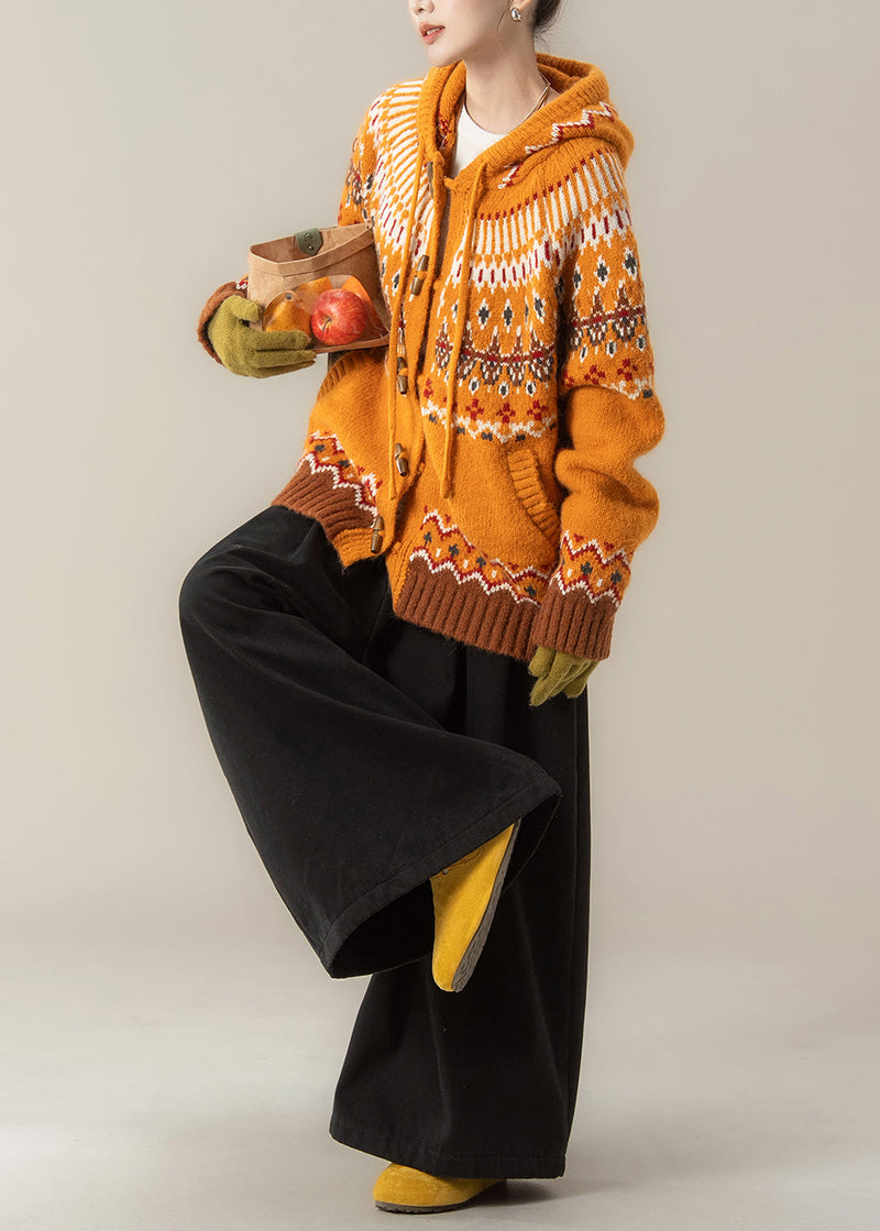 Stylish Orange Jacquard Hooded Knit Coat and Wide Leg Pants Two Pieces Set Spring