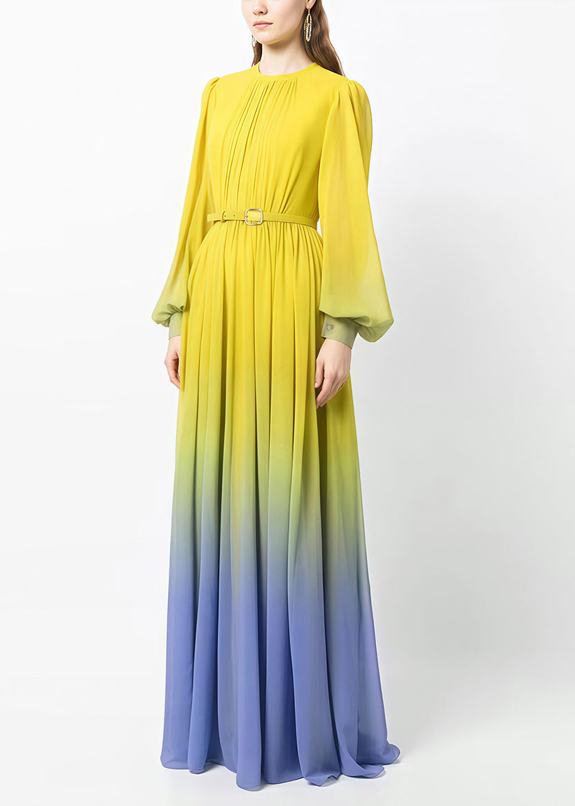 European and American Style Yellow Gradient Wrinkled Silk Dresses Summer