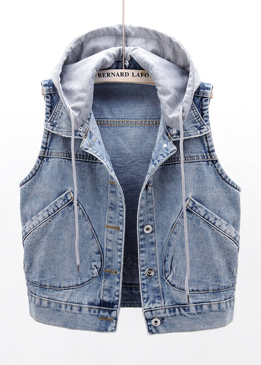 Light Blue Patchwork Pockets Hooded Denim Waistcoat Sleeveless