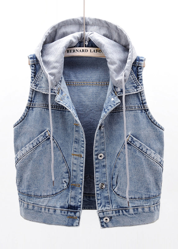 Light Blue Patchwork Pockets Hooded Denim Waistcoat Sleeveless