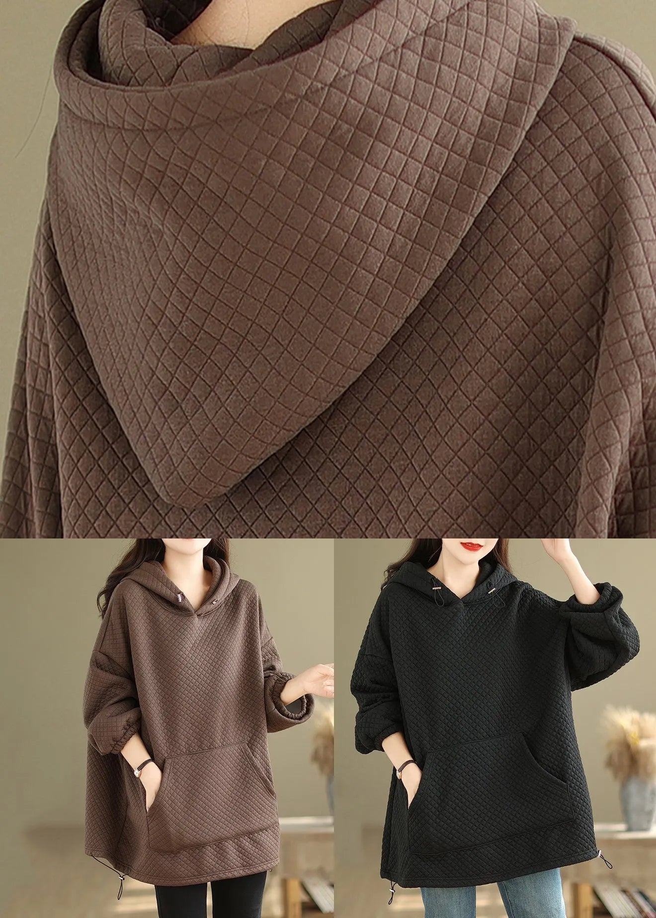 French Black Pockets Patchwork Warm Fleece Hoodies Pullover Winter