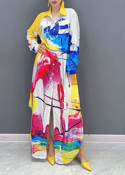 Colorblock Peter Pan Collar Print Button Maxi Shirts Dress Fall