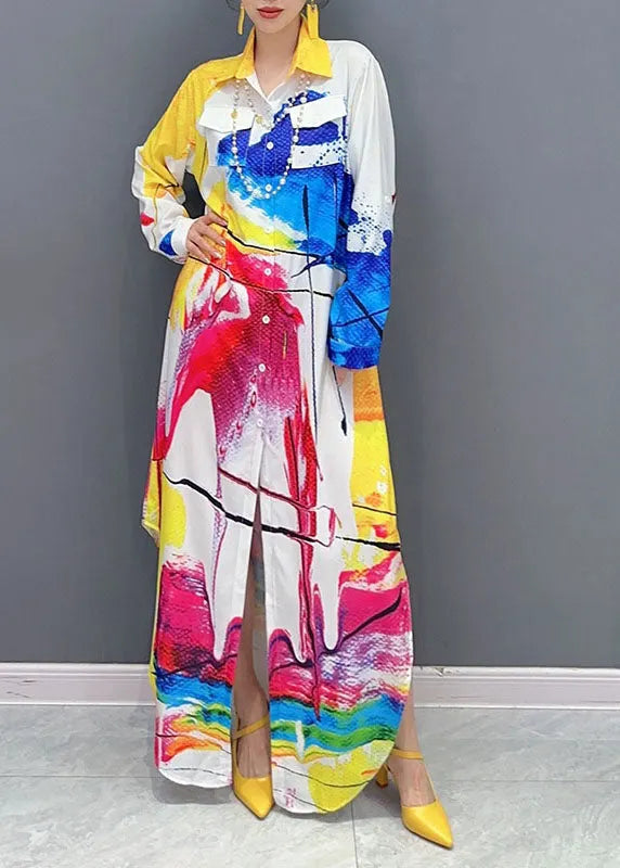Colorblock Peter Pan Collar Print Button Maxi Shirts Dress Fall