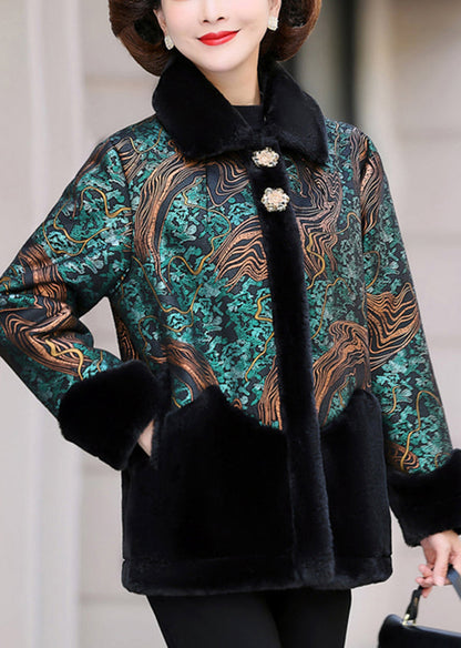 Green Peter Pan Collar Print Patchwork Faux Fur Coats Winter