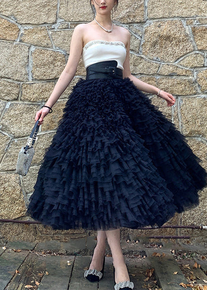 Black High Waist Patchwork Tulle Skirts Spring