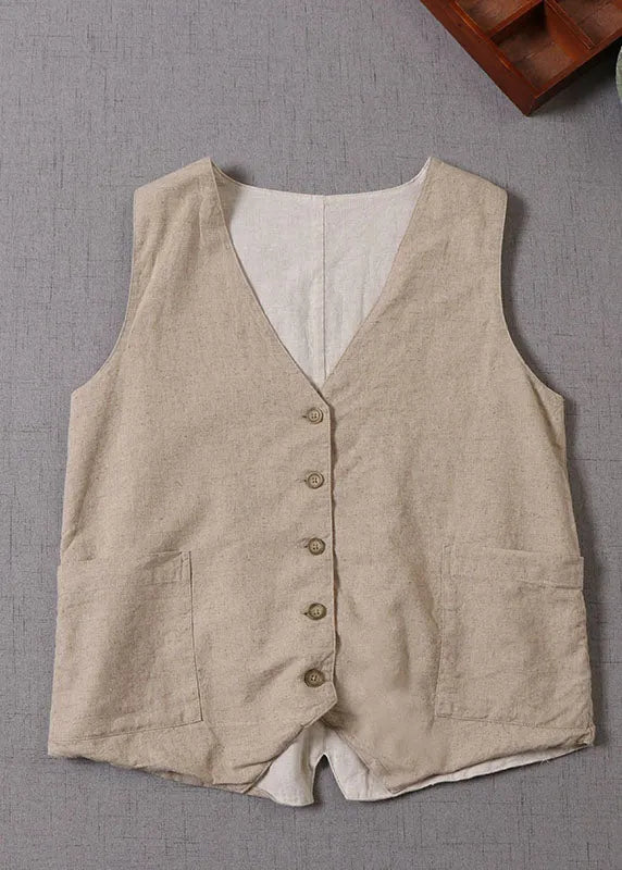 Beige V Neck Button Patchwork Sleeveless Tank Tops