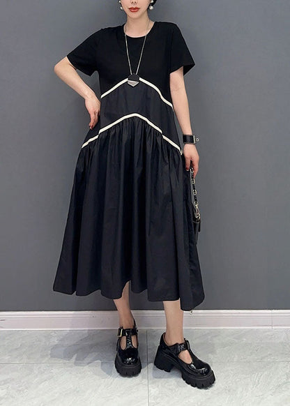 Modern Black O-neck Patchwork Cotton Long Dress Spring