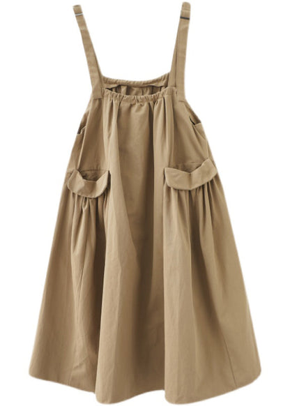 Khaki Wrinkled Pockets Strap Dress Summer