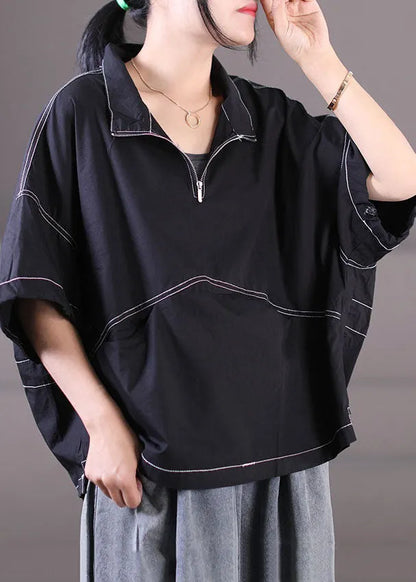 Black Zip Up Drawstring Cotton Sweatshirt Short Sleeve