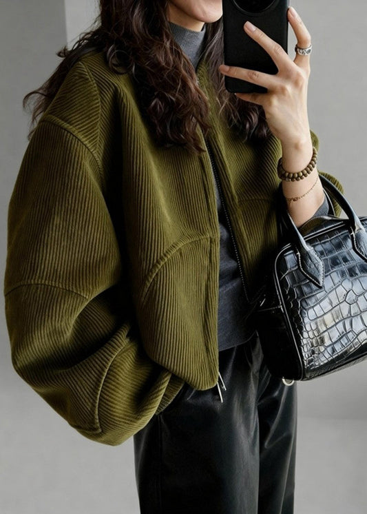 Tea Green Oversized Pockets Corduroy Coat Spring