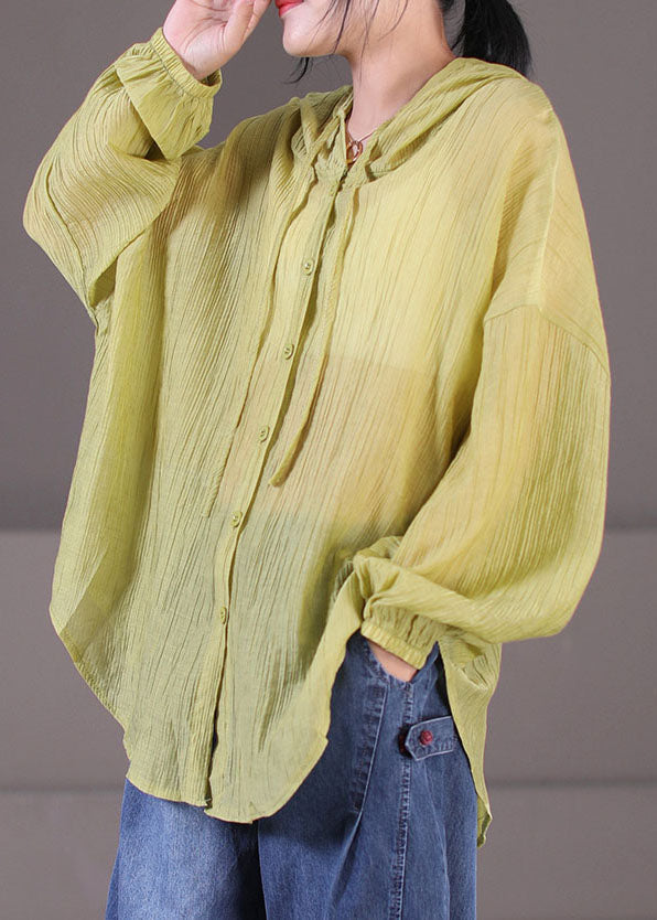 Green Hooded Wrinkled Cotton Upf 50+ Coat Jacket Long Sleeve