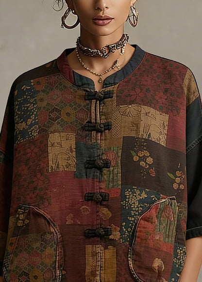 Print Button Patchwork Cotton Coat Long Sleeve