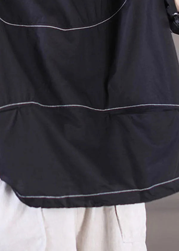 Stylish Black O-neck Oversized Drawstring Cotton Tank Top Short Sleeve