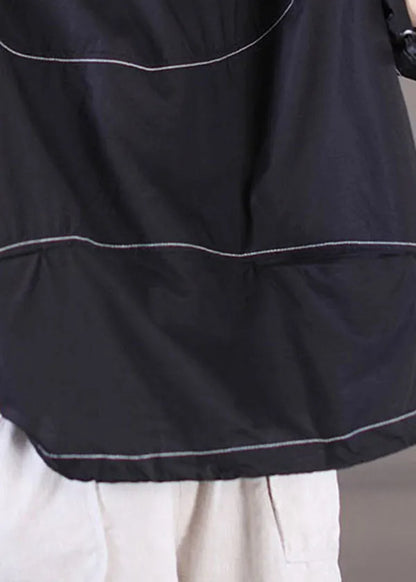Stylish Black O-neck Oversized Drawstring Cotton Tank Top Short Sleeve