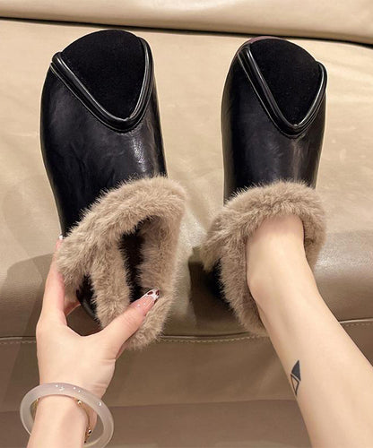 Khaki Comfy Splicing Flat Feet Shoes Fuzzy Wool Lined