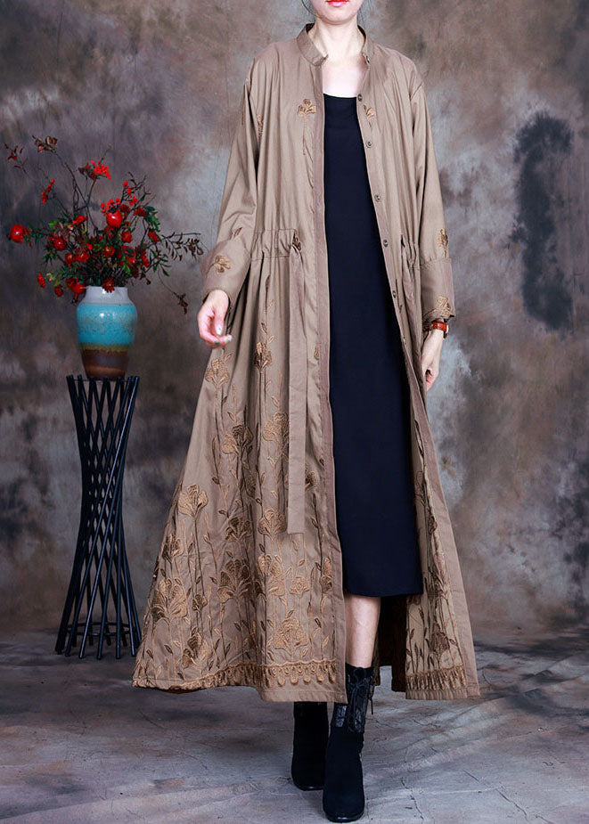 Art Khaki Embroideried Drawstring Spring Trench Coats