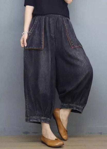 Black Elastic Waist Crop Wide Leg Jeans