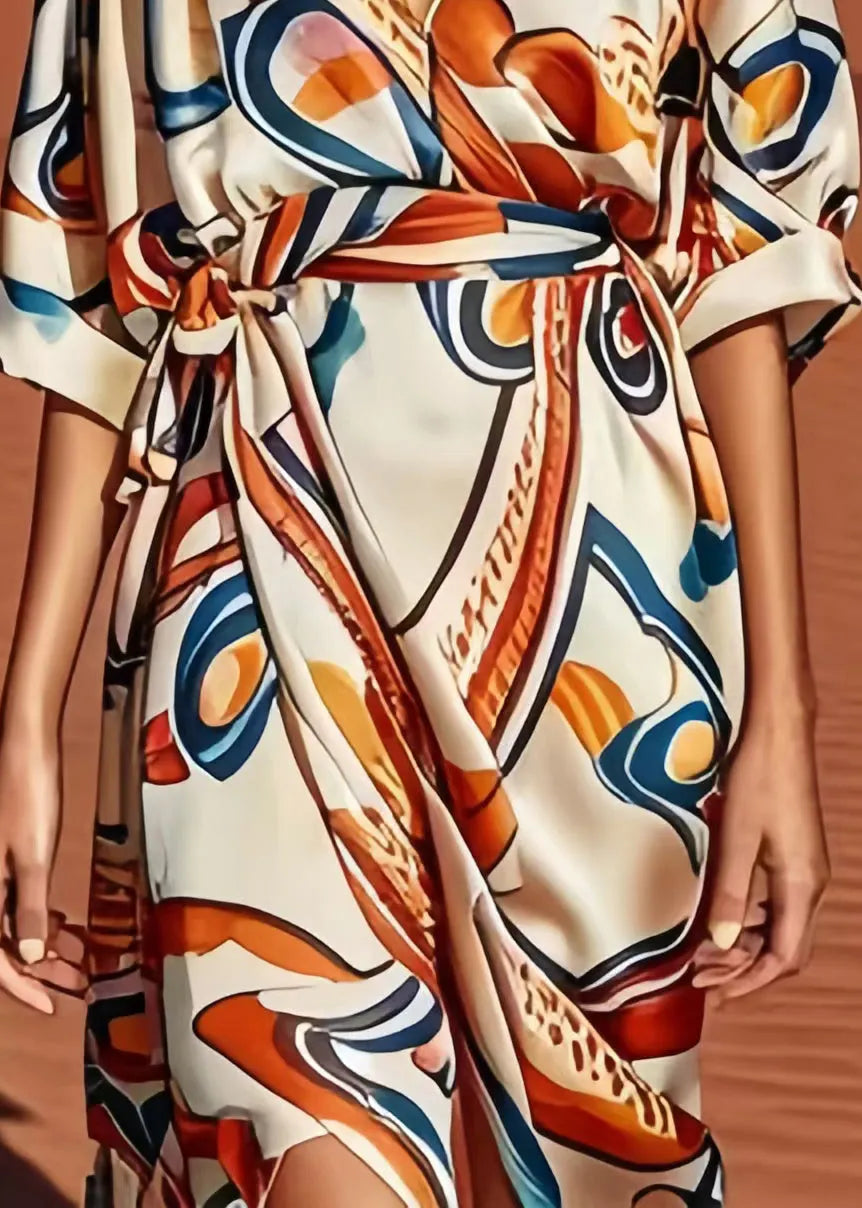 Apricot Print Low High Design Silk Dress Summer