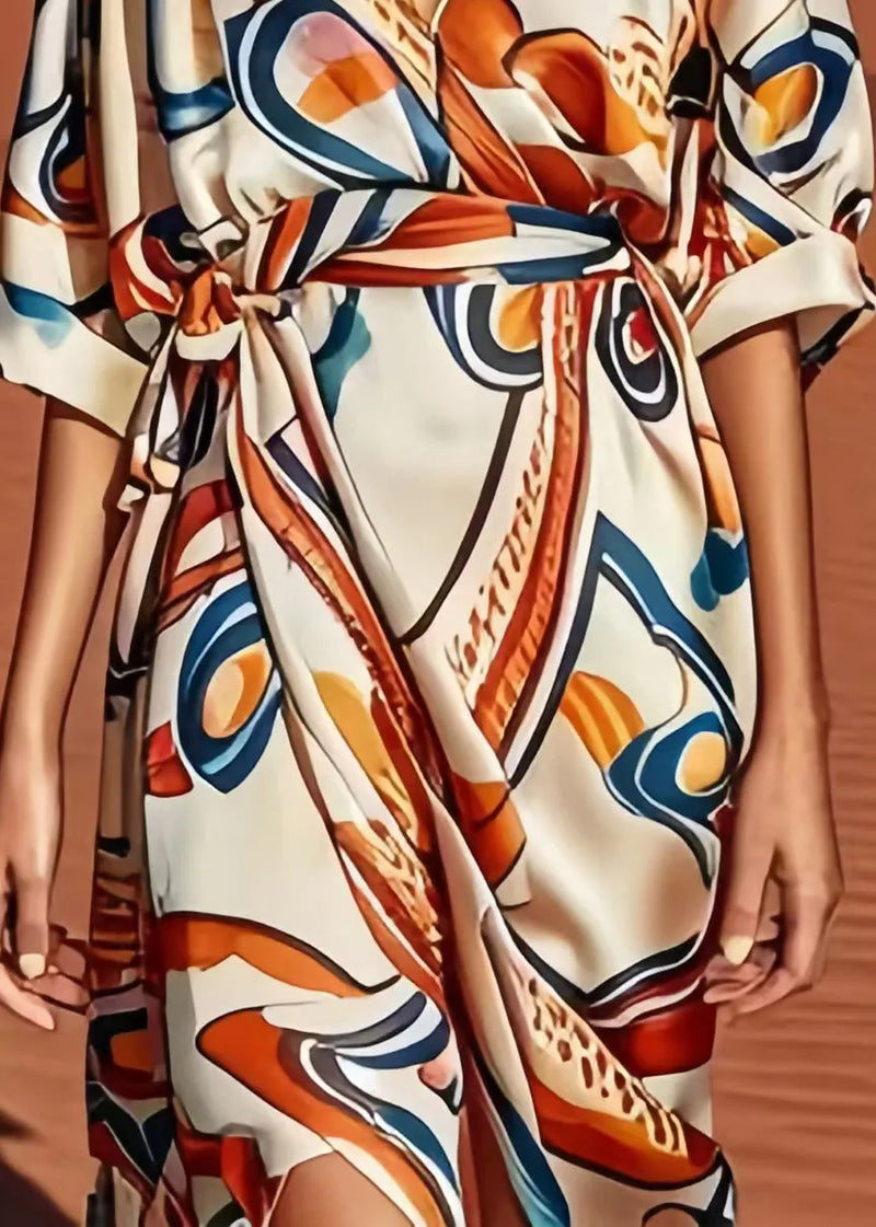 Apricot Print Low High Design Silk Dress Summer