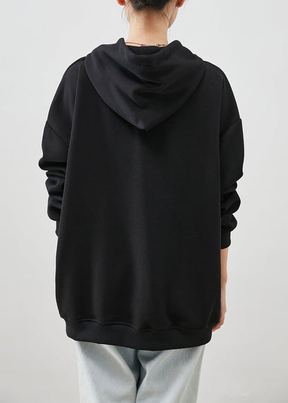 Fine Black Hooded Letter Print Cotton Sweatshirt Fall