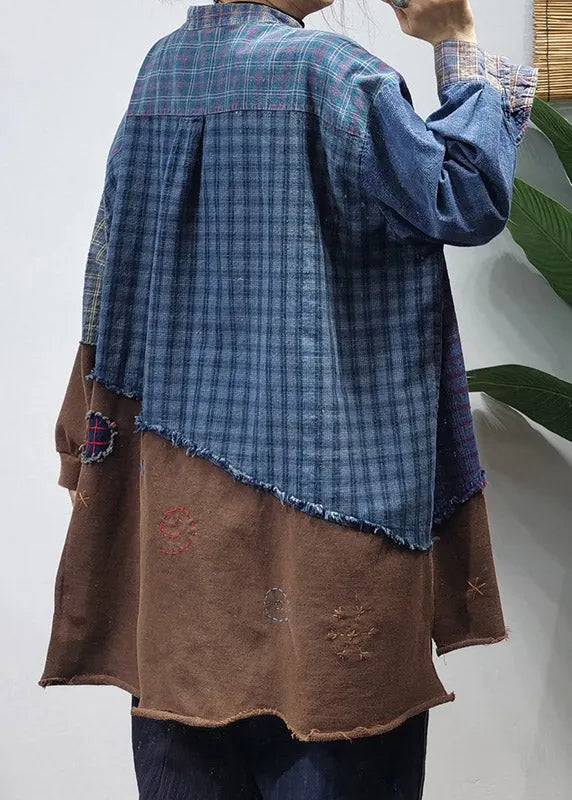 Colorblock Button Stand Collar Patchwork Plaid Cotton Shirts Long Sleeve