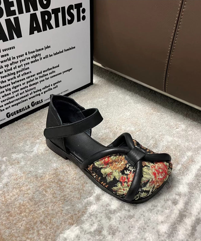 Handmade Embroidery Walking Sandals Black Cowhide Leather