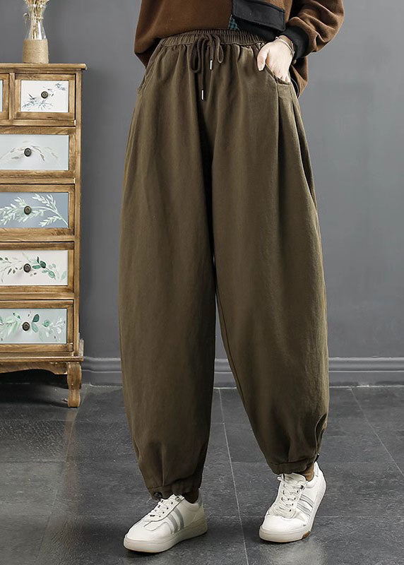 Green Elastic Waist Cotton Beam Pants Fall