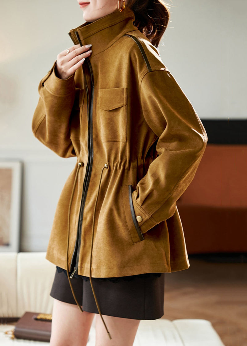 Loose Caramel Stand Collar Drawstring Pockets Cotton Coat Spring
